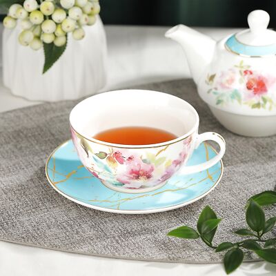 Pink Floral Tea for One Tea Cup and Saucer Set with Gold Trim Porcelain Tea a...