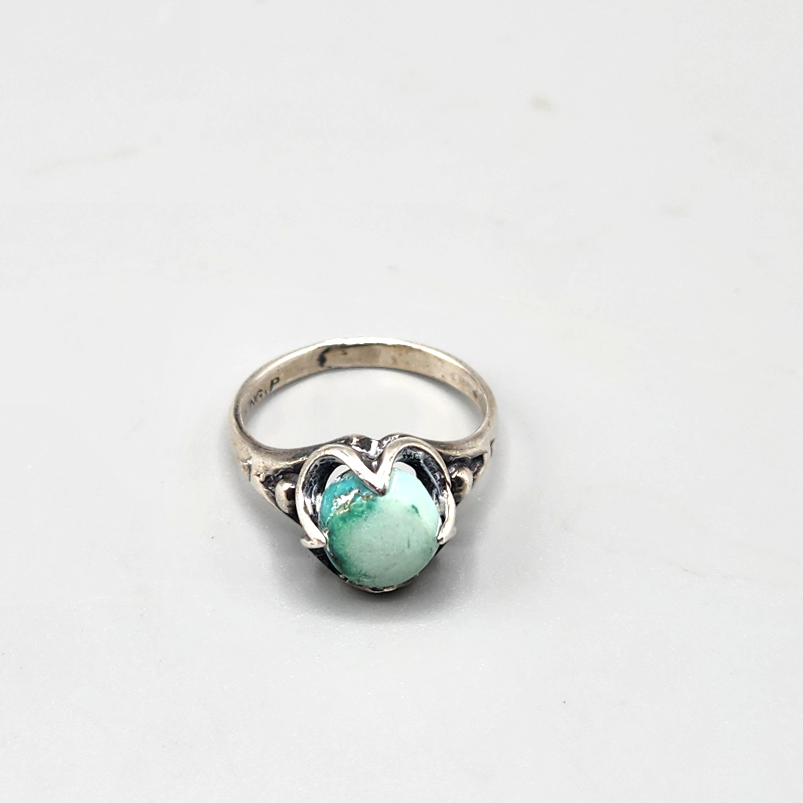 Marbled Cabochon Teal Green Stone Cocktail Ring STERLING JP Size 5.5 2.85g
