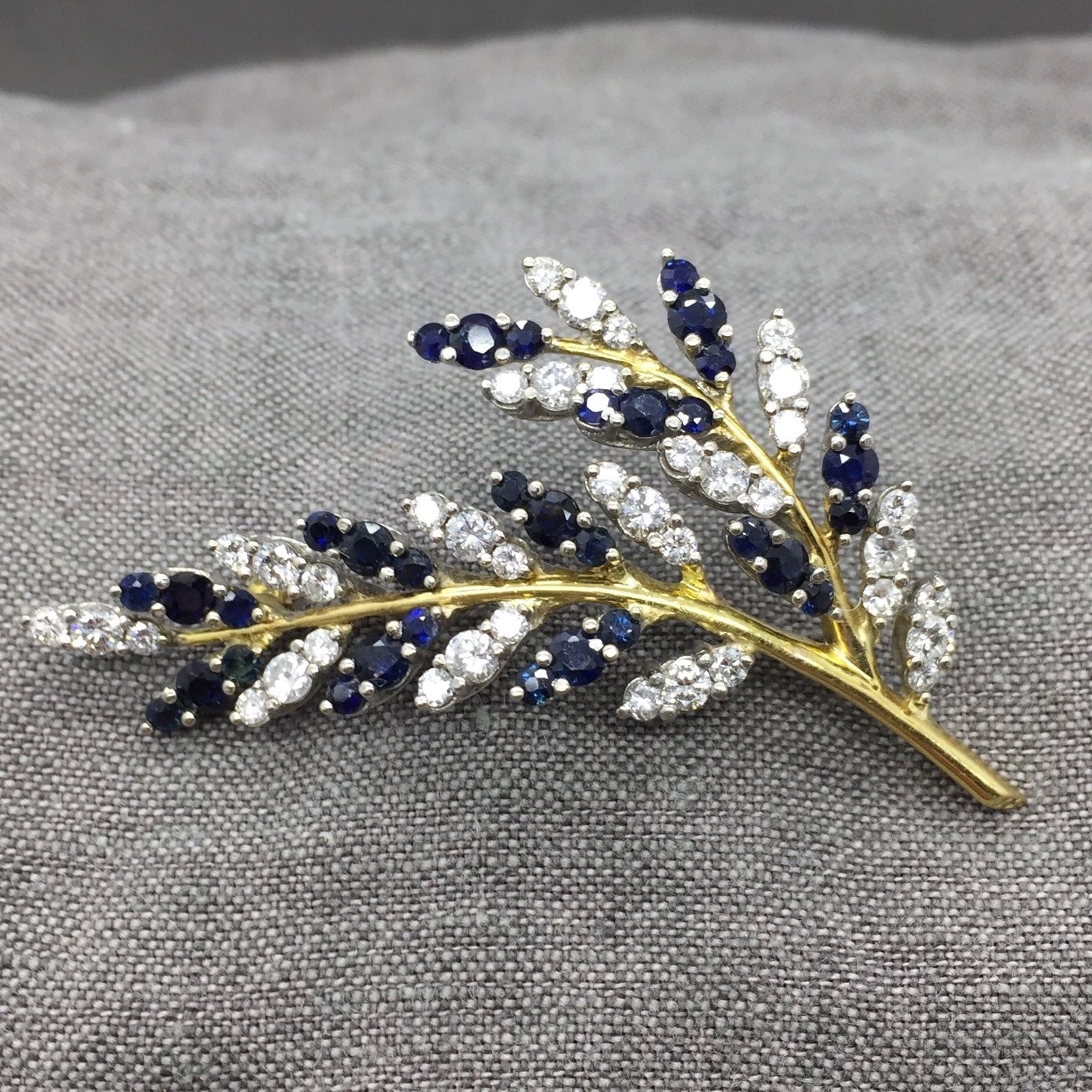 Magnificent 18K Gold Diamond and Sapphire Brooch Leaf Branch