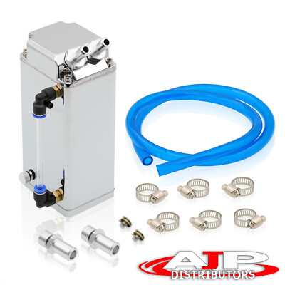 Universal Anodized Chrome Square Motor Oil Catch Can Tank Reservoir + Drain Plug