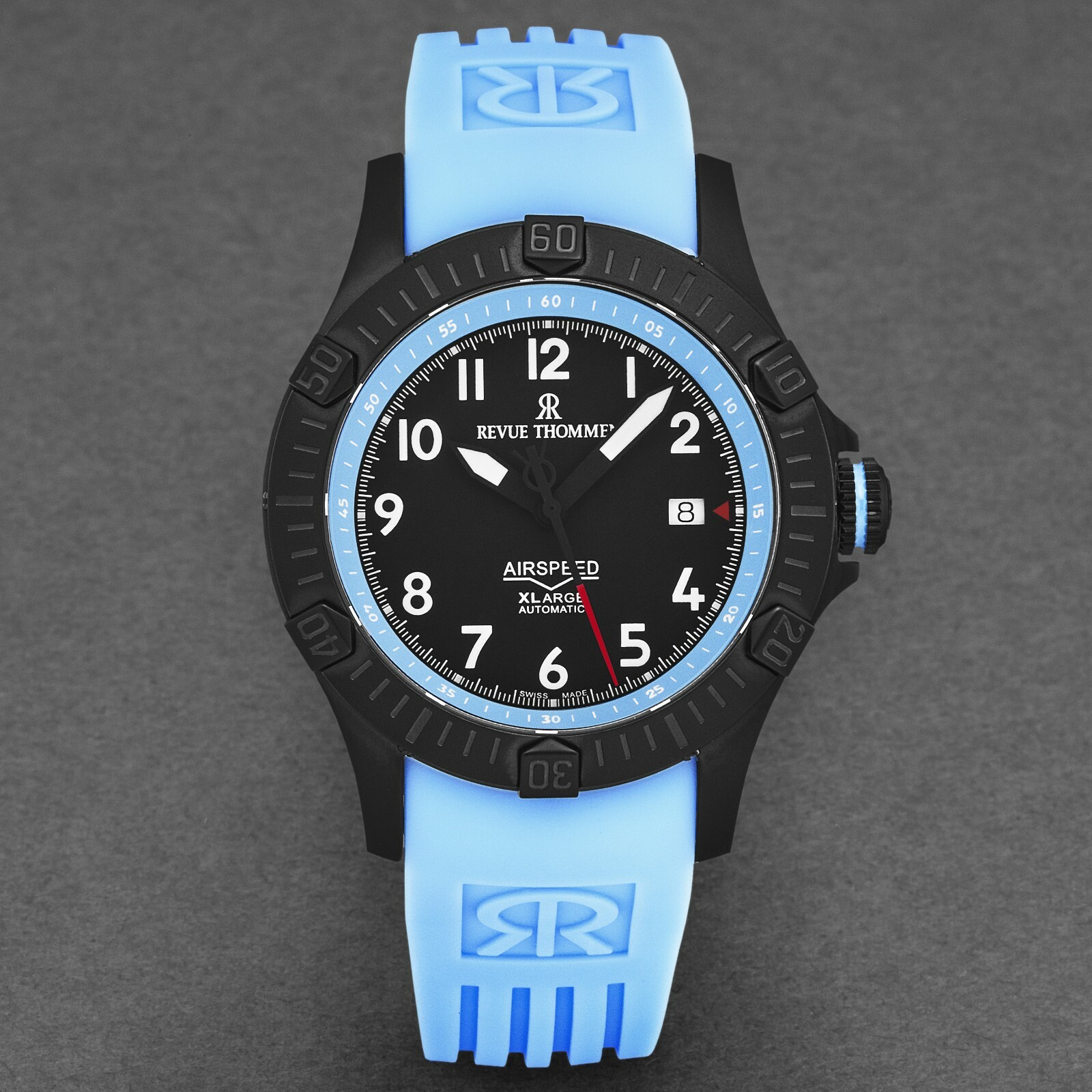 Pre-owned Revue Thommen Mens Air Speed Black Dial Blue Rubber Strap Automatic 16070.4775