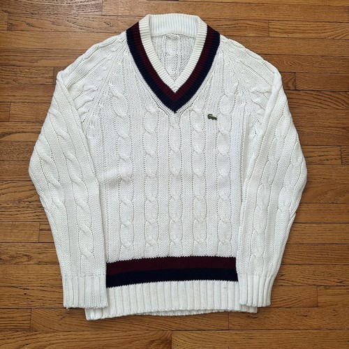 Vintage Lacoste V-Neck Tennis Chucky Cable Knit Wool Sweater