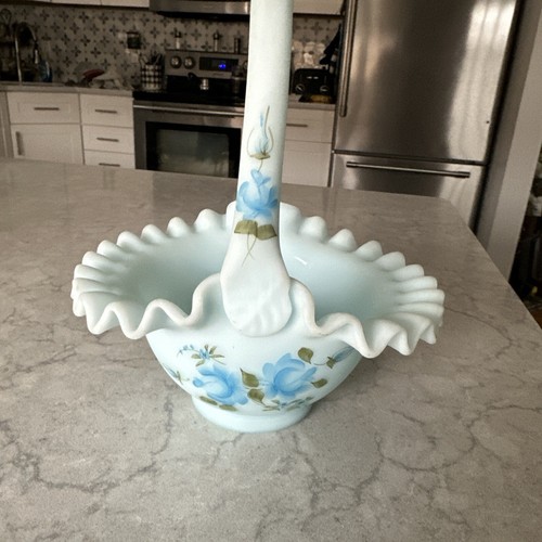 Fenton Hand Painted 7237 BL Blue Roses on Blue Satin 7