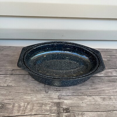 Roasting Pan Speckled Roaster with Lid Enamelware Vintage Small 13x8x5