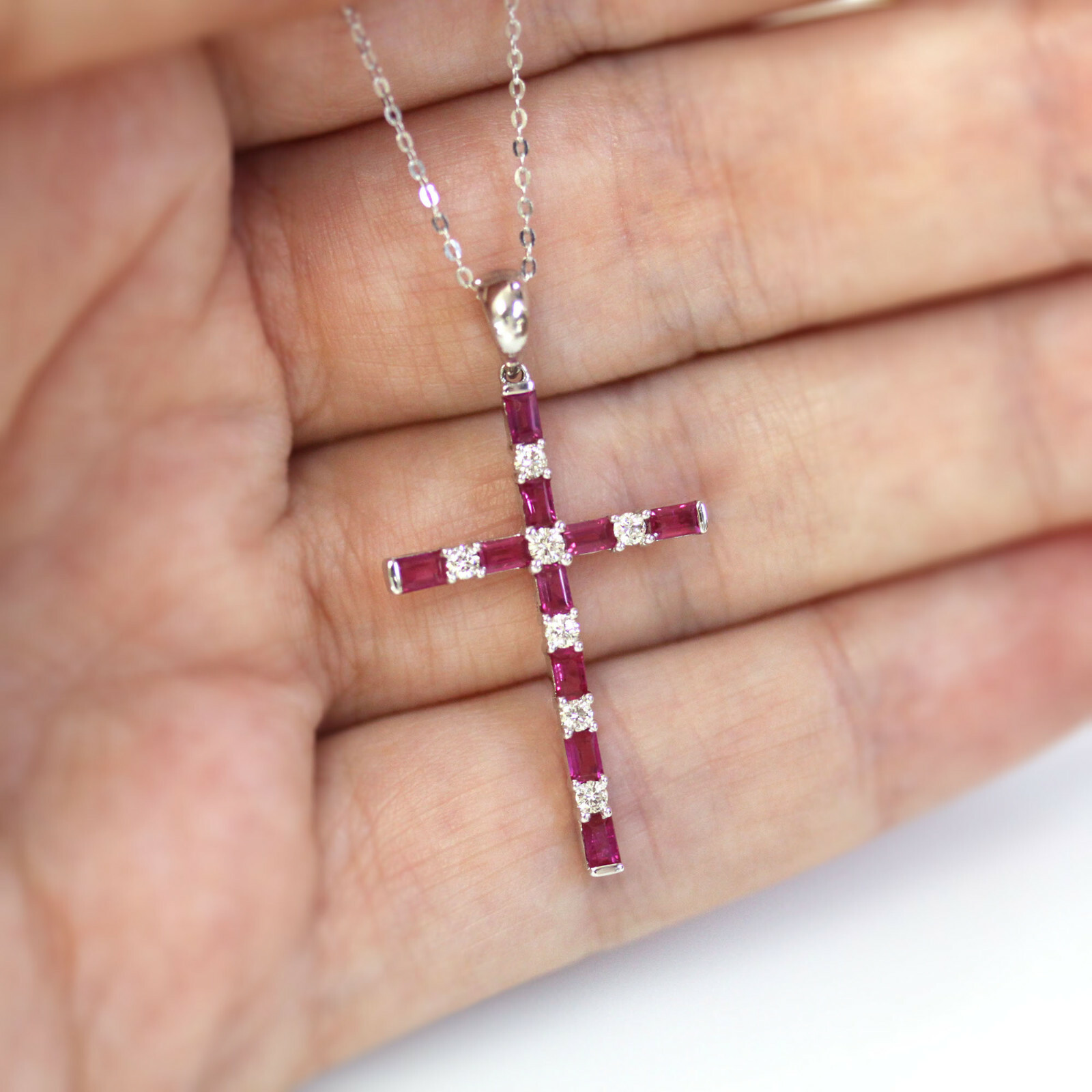 Pre-owned Jewelry By Arsa 1 Ctw Natural Red Baguette Ruby & Diamond Solid 14k White Gold Cross Necklace In 15 Inches