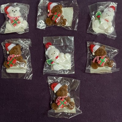 7 Vintage Flocked Christmas Bears Flat Backed for Crafts NOS White & Brown Bears