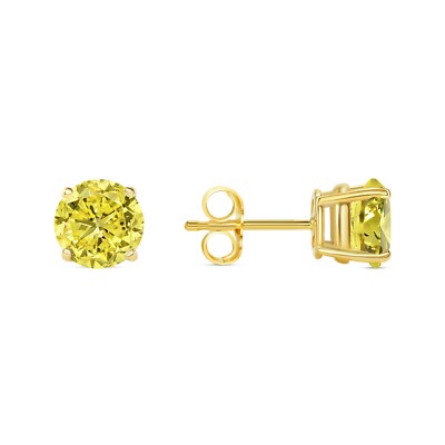 Pre-owned Shine Brite With A Diamond 2.25 Ct Round Cut Canary Earrings Studs Solid 14k Yellow Gold Push Back Basket