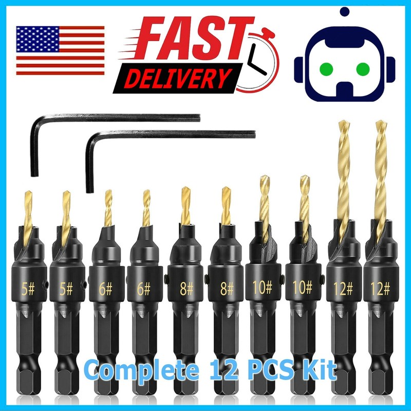 12x HSS Countersink Drill Bit 1/4" Hex Shank Woodworking Pilot