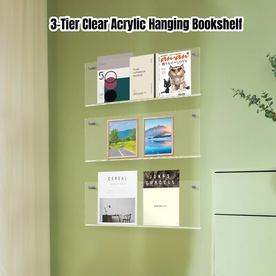 3 Tiers Clear Wall Mount Shelf Book Magazines Storage Rack Shelving Bookshelf