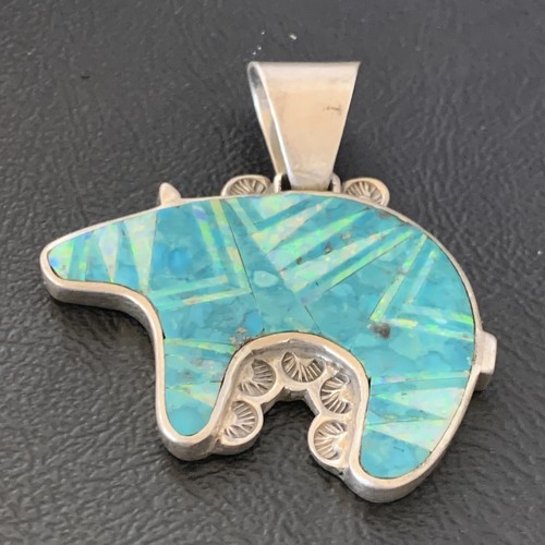 Pre-owned Handmade Mens Blue Turquoise & Opal Bear Navajo Sterling Silver Inlay Pendant 12602