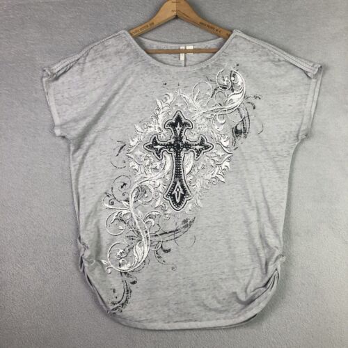 Y2K 2000s Top Womens Large Gray Black Embellished Cross Y2K 2000s Top Womens Large Gray Black Embellished Cross