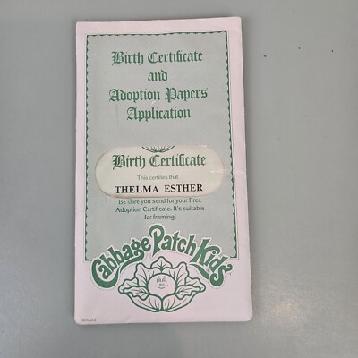 Cabbage Patch Kids Birth Certificate & Adoption Papers SEALED Thelma Esther