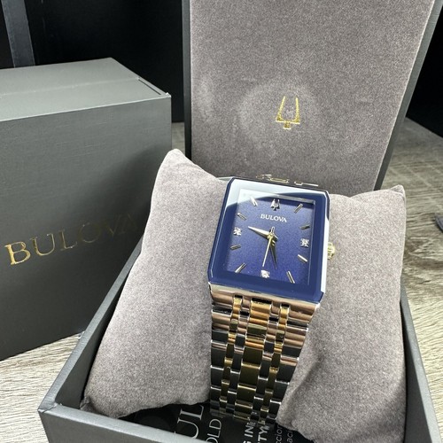 Pre-owned Bulova New✅  Quadra Diamond Date Blue Dial Rectangle Two Tone Men's Watch 98d154