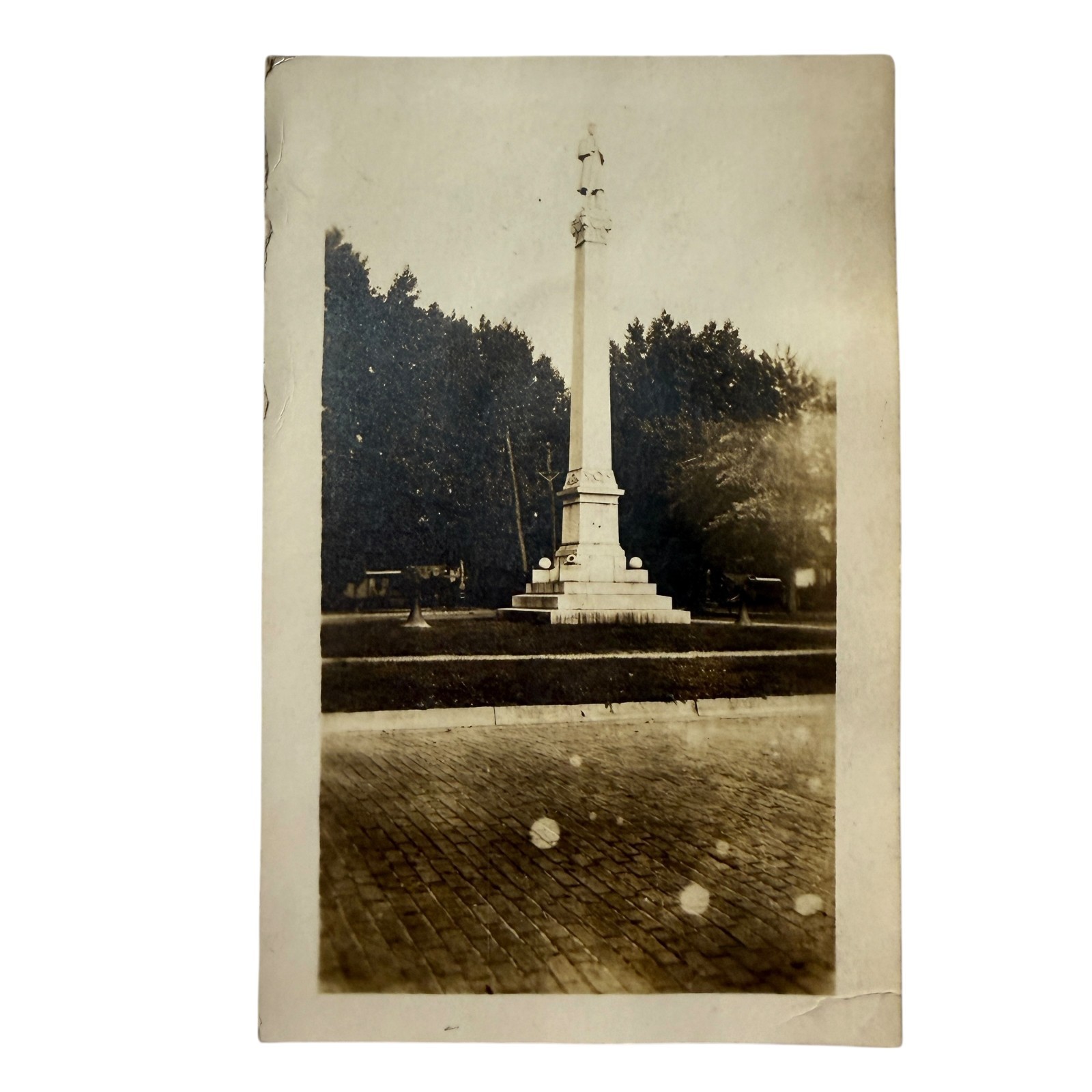 Vintage Civil War Soldiers Monument Statue Cobblestone Street RPPC Postcard