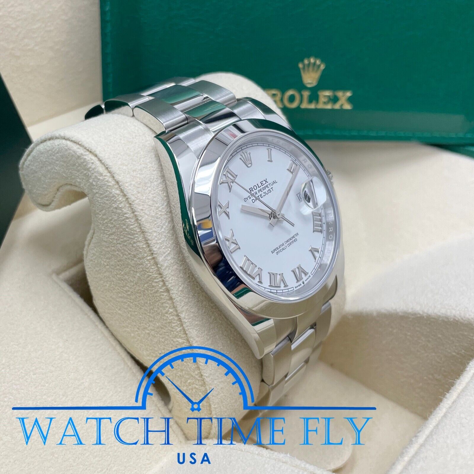 Pre-owned Rolex Datejust 41mm 126300 White Roman Oyster Bracelet Stainless Smooth Bezel