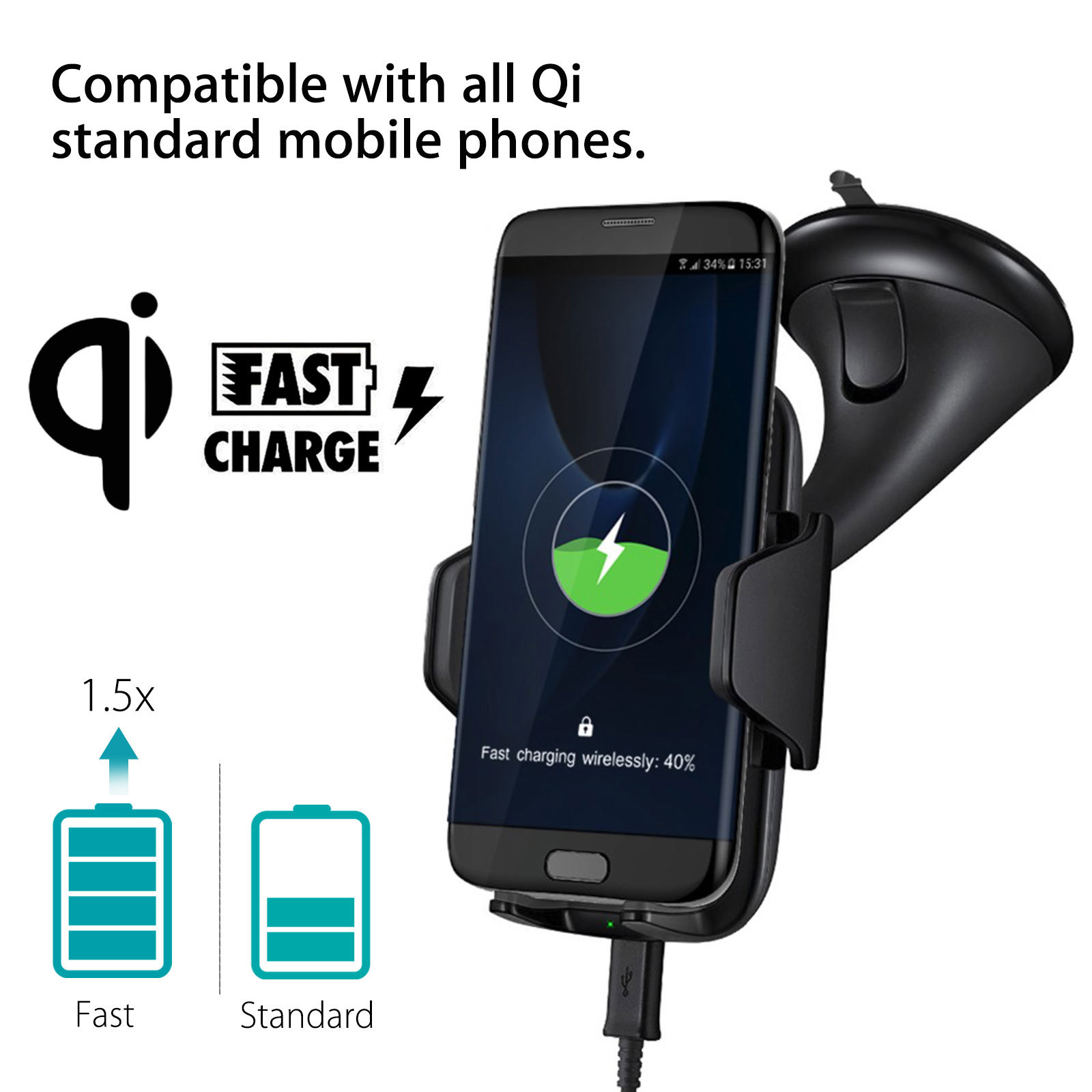 15W Quick One Touch Qi Wireless Fast Charge Dashboard and Windshield Car Mount