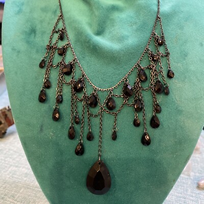 Premier Designs Silvertone Chain Black Faceted Beaded Statement Necklace A1