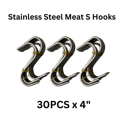 New SET 30 x 4 in Butchers Meat Hanging Hooks Solid Stainless Steel Meat S-Hooks