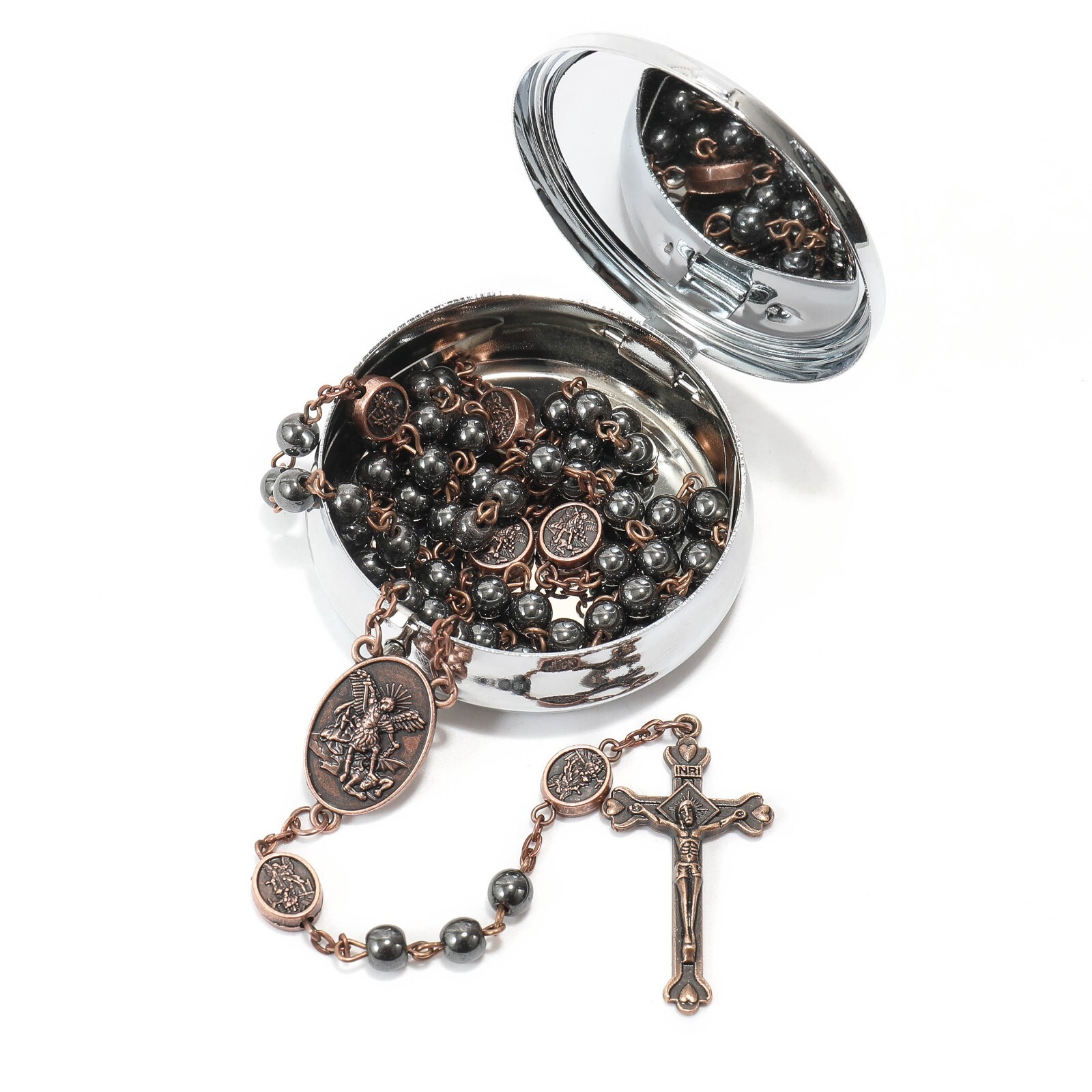Antique Copper St Michael Black Hematite Stone Beads Rosary Necklace - Metal Box