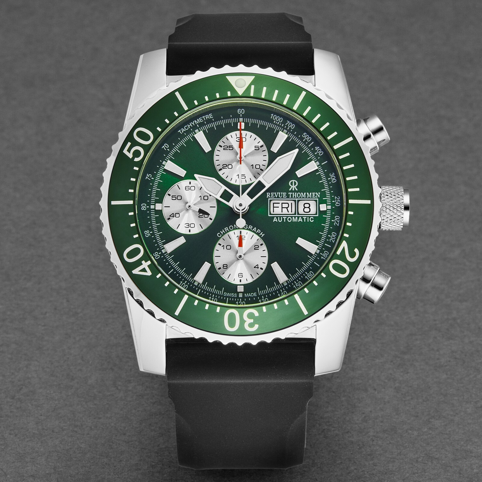 Pre-owned Revue Thommen Men's Divers Green Dial Rubber Strap Automatic Watch 17030.6531