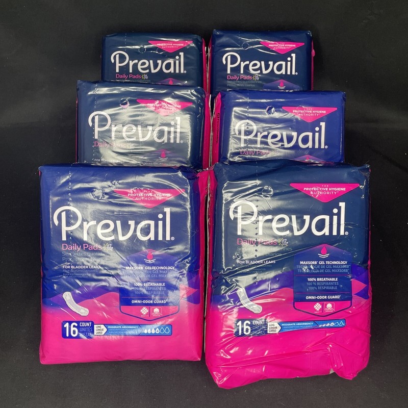 96 Prevail Daily Incontinent Pads, Long, 4 Drop, Moderate, 6