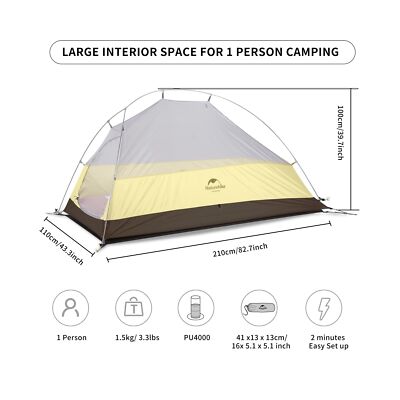 Naturehike Cloud-Up 1 Person Tent Lightweight Backpacking Tent for One Man, W...