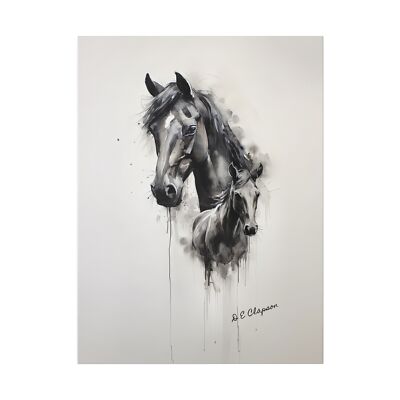Black Horse and Foal Head Sketch Painting 02 Canvas Print, By Daz Art Gallery