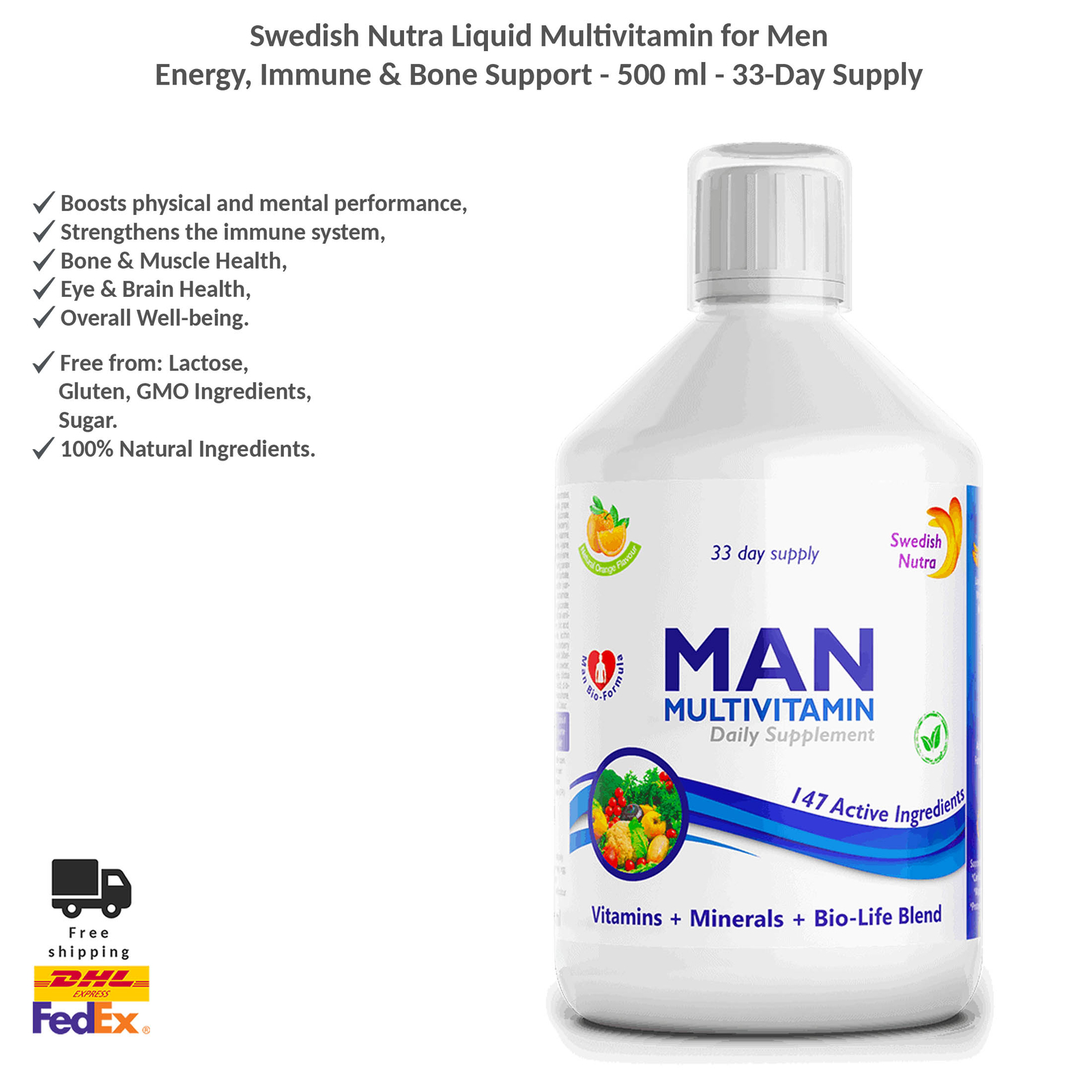 Swedish Nutra Liquid Multivitamin for Men - Energy, Immune & Bone Support 500ml