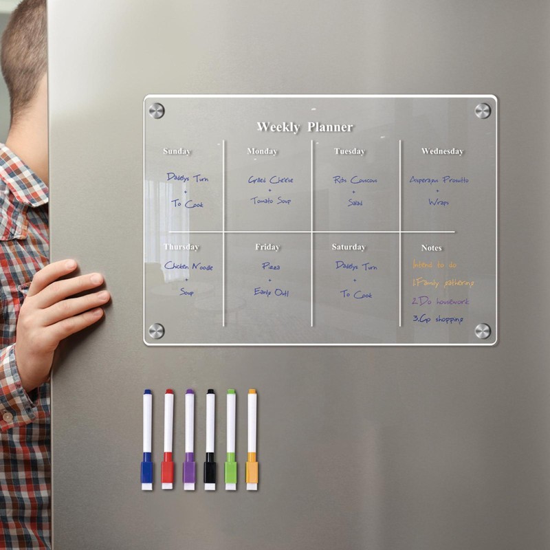 Acrylic Magnetic Dry Erase Board w/ Marker Clear Weekly Planner Board for Fridge