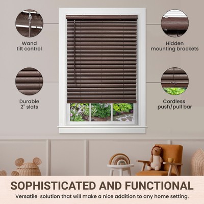 Window Blind 2" Slats Mini Blinds Vinyl Embossed Woodgrain Mahogany Woodtone