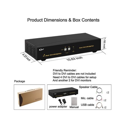 CKL Dual Monitor KVM Switch DVI 2 Port, Dual-View PC Monitor Keyboard Mouse S...