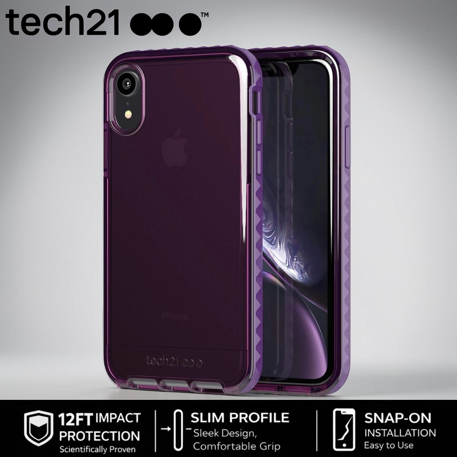 Tech21 (iPhone XR) Case, Slim Shockproof, Wireless Charging Cover - Deep Purple