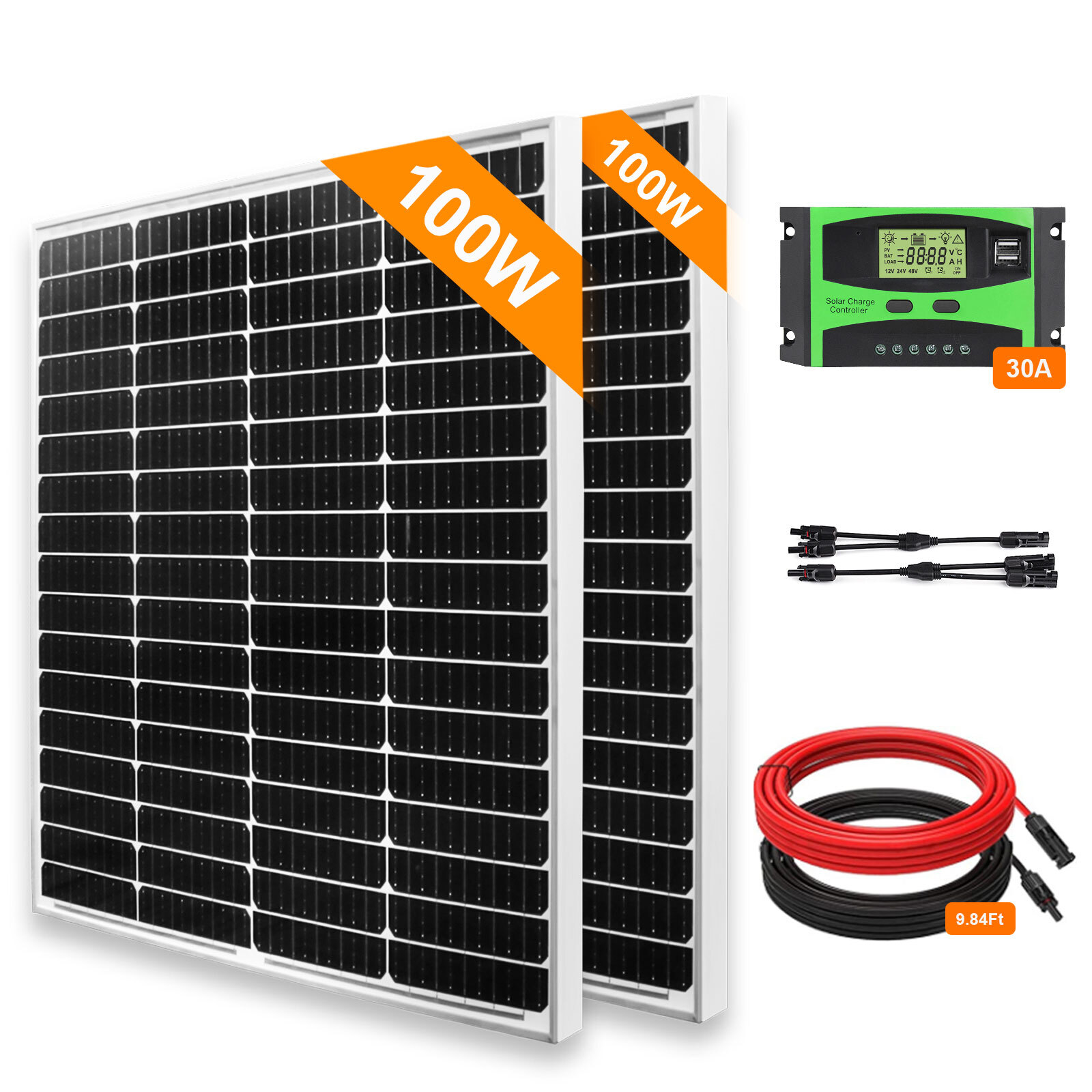 12V Mono 100W 200W Watt Solar Panel Kits 30A Charging Contro