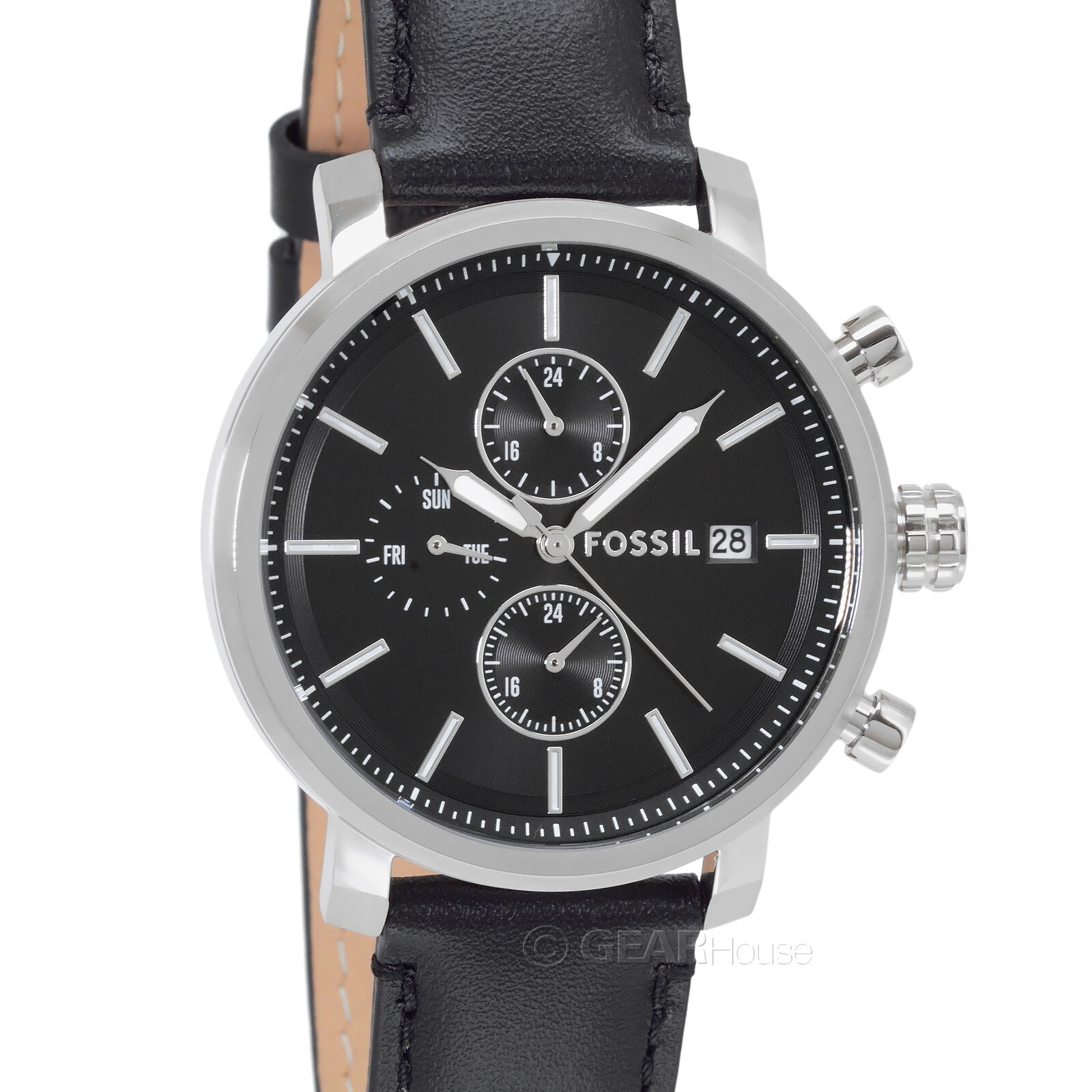 Многофункциональные мужские часы FOSSIL Rhett Dual Time серебристого цвета с черным циферблатом и кожаным ремешком