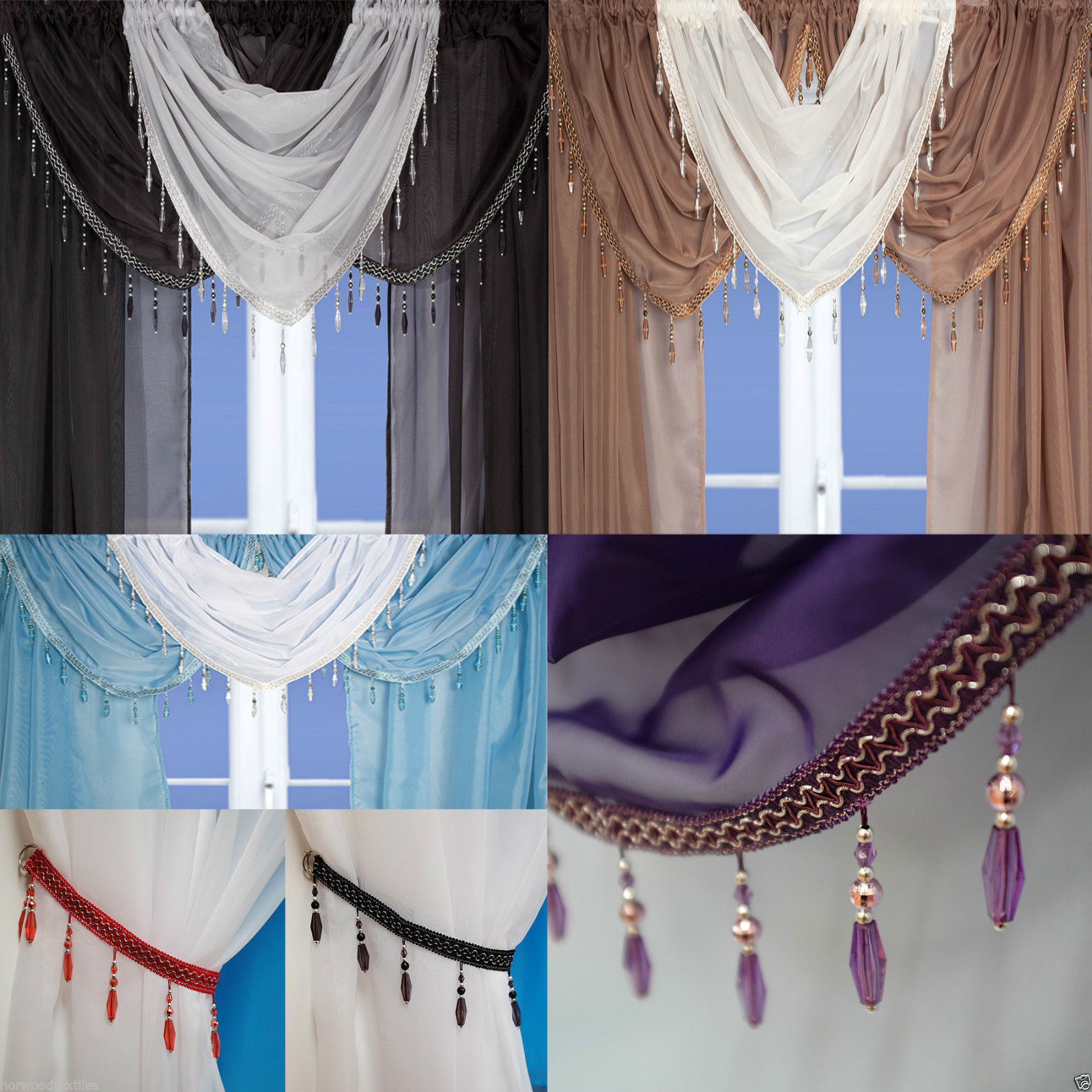 Crystal Large Beaded Voile Pelmet Valance Net Curtain Swag Single