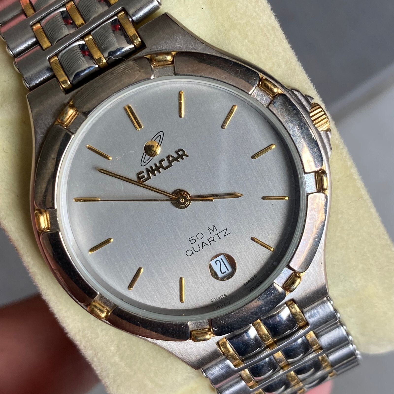 Rare Enicar 50M Quartz 955.387 Date Two Tone Gray Dial Swiss