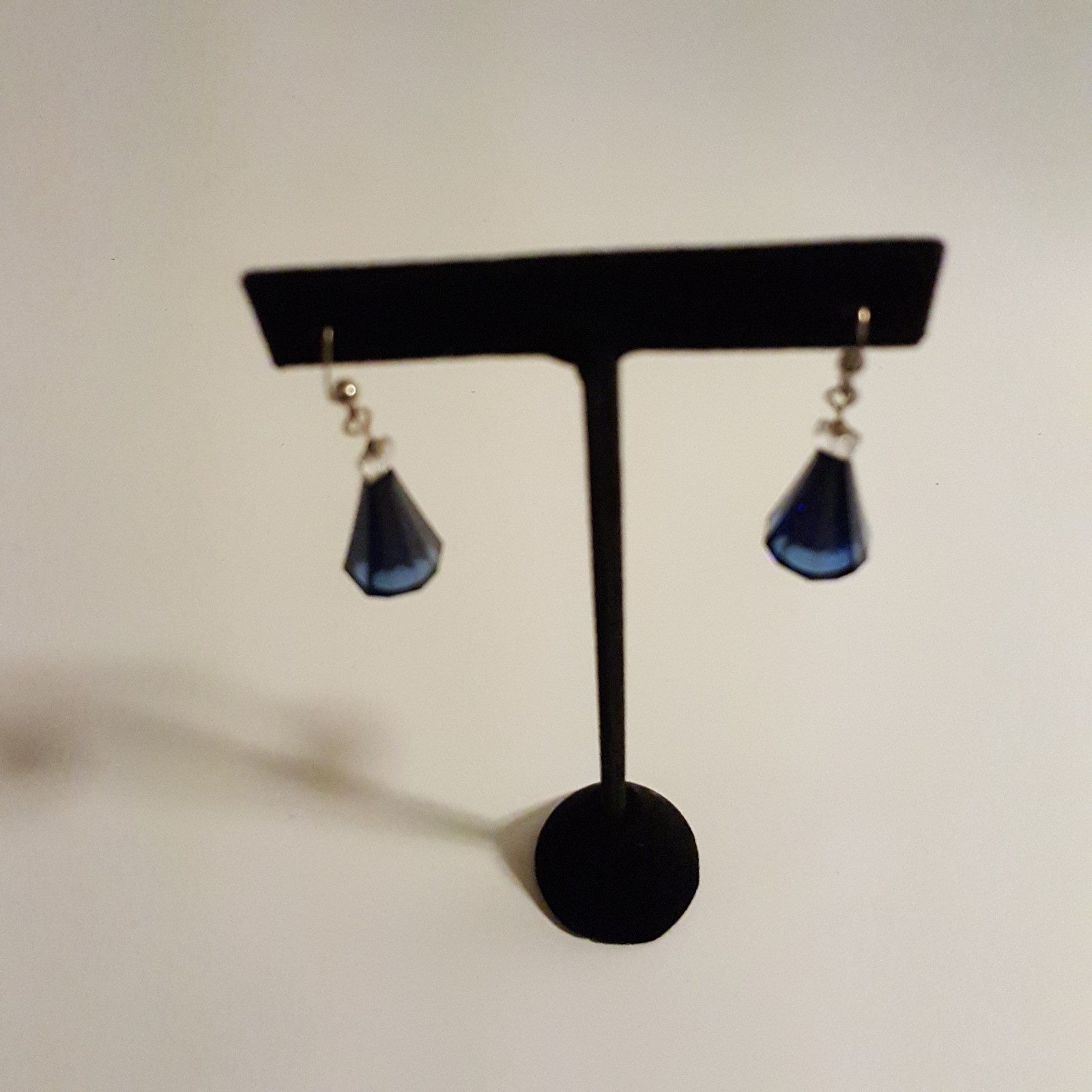 Sterling Silver .925 Blue Cone Glass Dangle Earrings Pierced