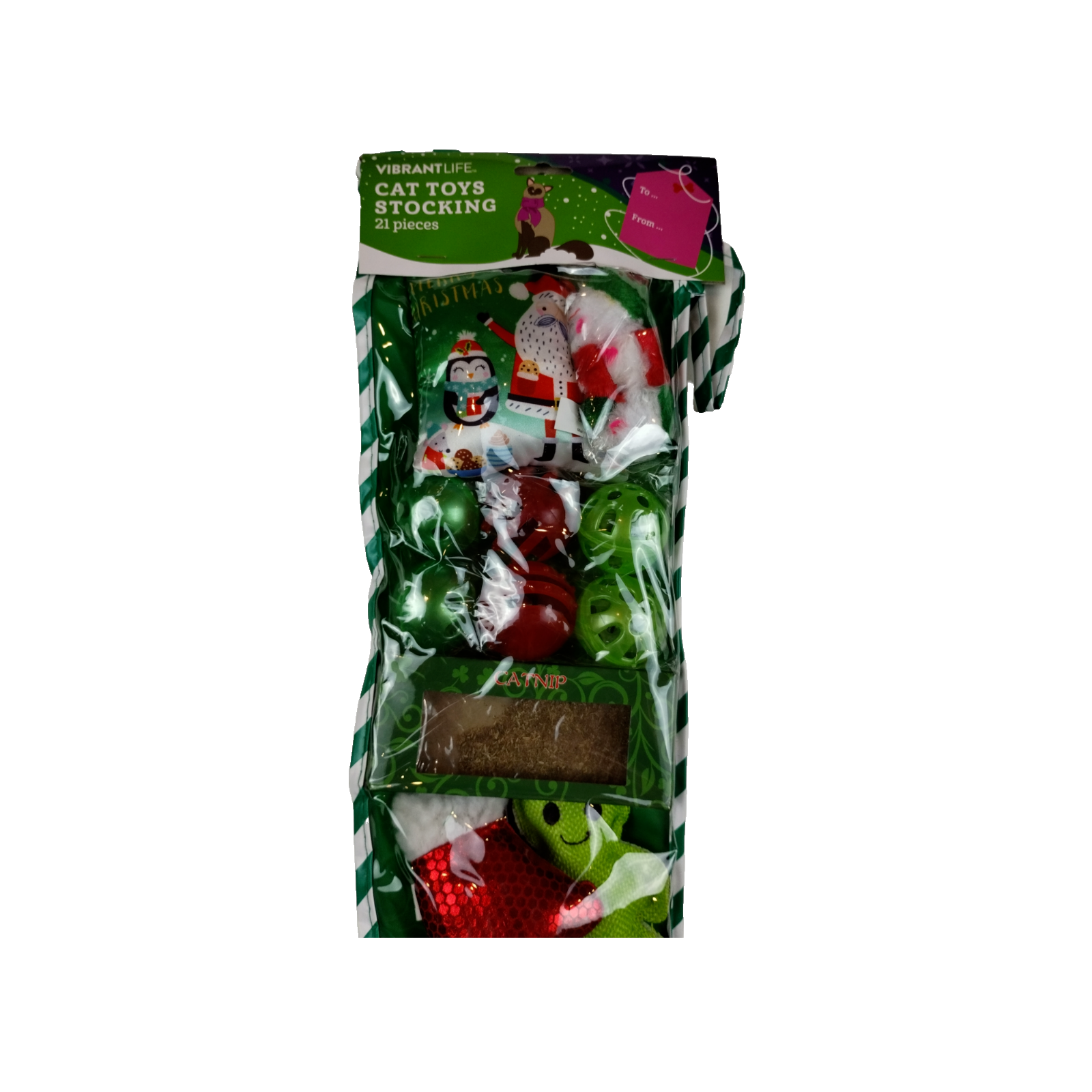 Vibrant Life 21 Piece Cat Toy Green Stocking with Catnip Santa New