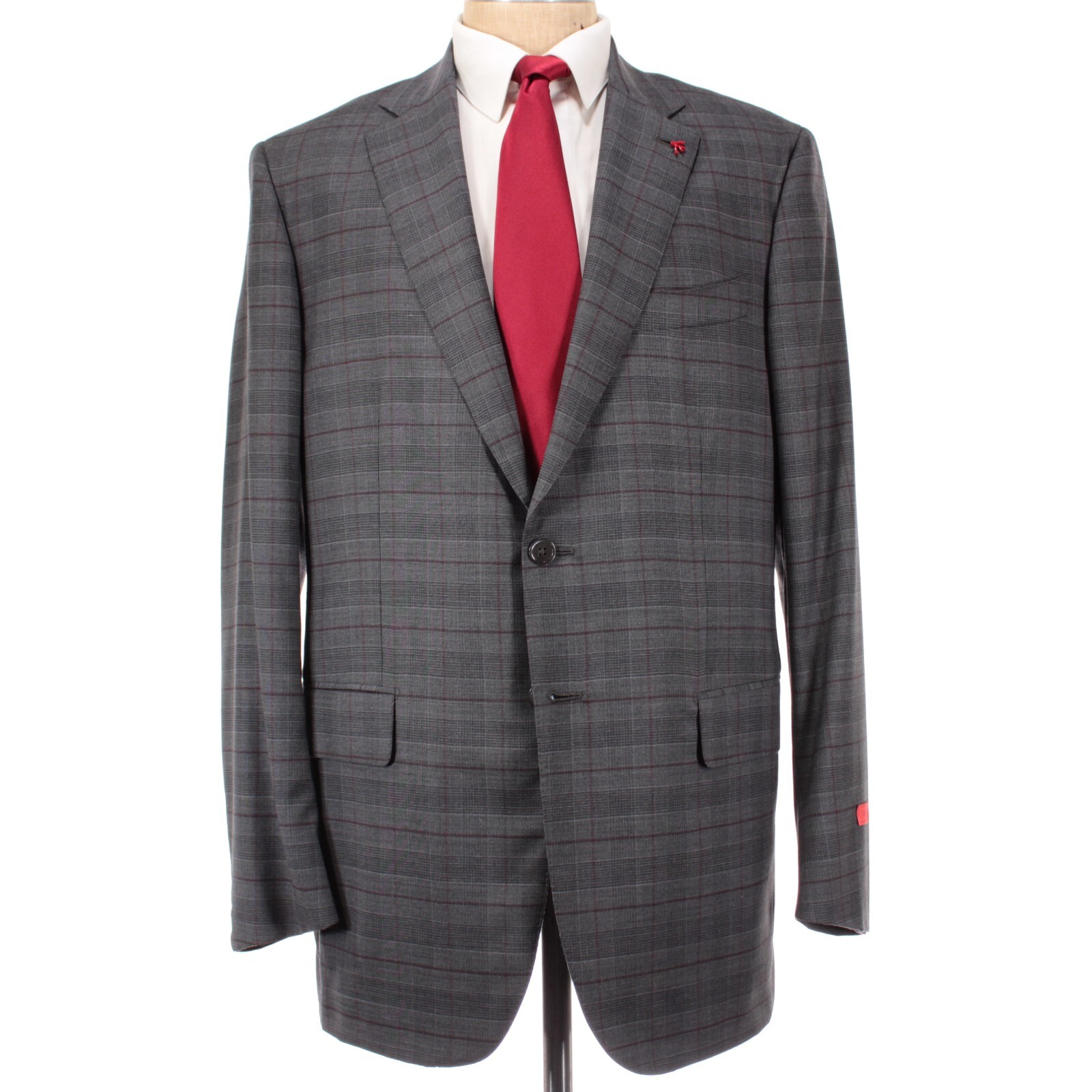 Isaia NWT Suit Size 56 46L US In Gray With Deep Red Plaid