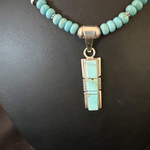 Pre-owned Handmade Blue Kingman Turquoise Inlay Pendant Navajo Sterling Silver Necklace 21” 16930