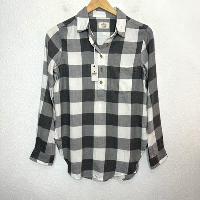 Marine Layer Clara Popover Top Women s XS Gray Buffalo Check Plaid Shirt New