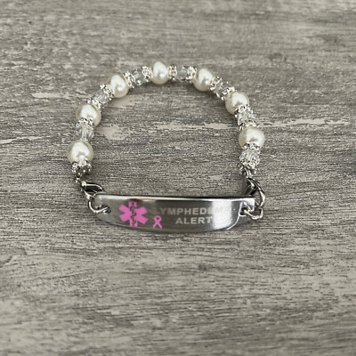 NEW! Medical ID Lymphedema Alert NO BP This Arm Pearl Beaded Bracelet 7.25 In