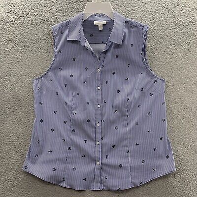 CHARTER CLUB Tailored Fit Sleeveless Anchor Nautical Cotton Button Shirt Size 16