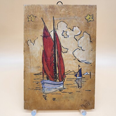 Vintage Hand Carved/Etched Painted Polly Sail Boat Ship Beach House Hanging Art