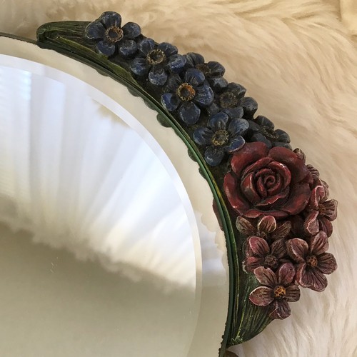 Antique Barbola Round Beveled Mirror Gesso Flowers Table Top c.1930s Bl. Pansies