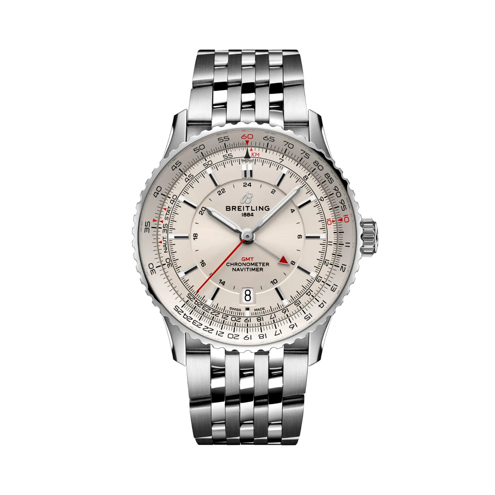 Pre-owned Breitling Navitimer Automatic Gmt 41mm Silver Dial Stainless Steel A32310211g1a1