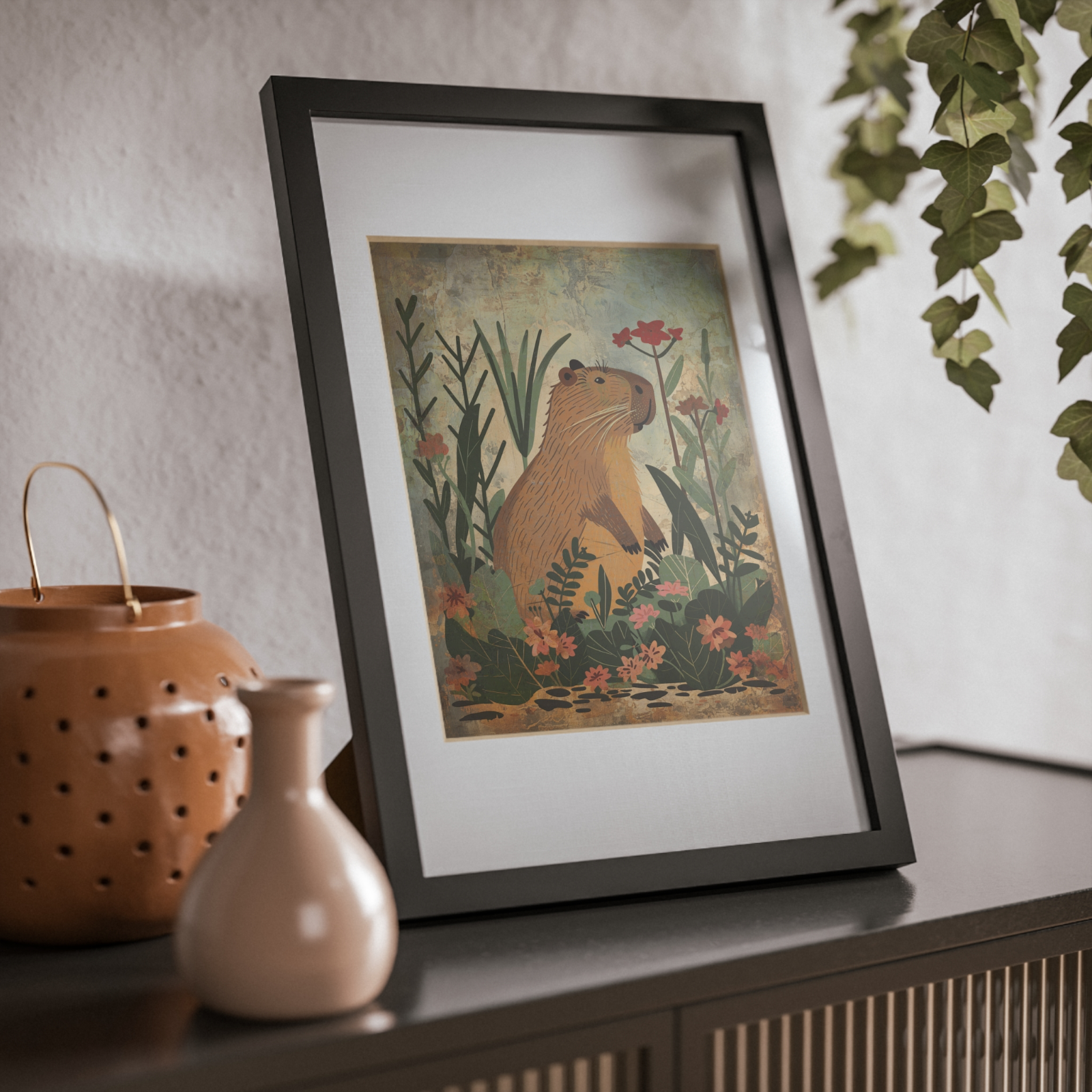 Retro CAPYBARA FLOWER Wall Art, Botanical Floral Wildlife Rodent Nature Poster