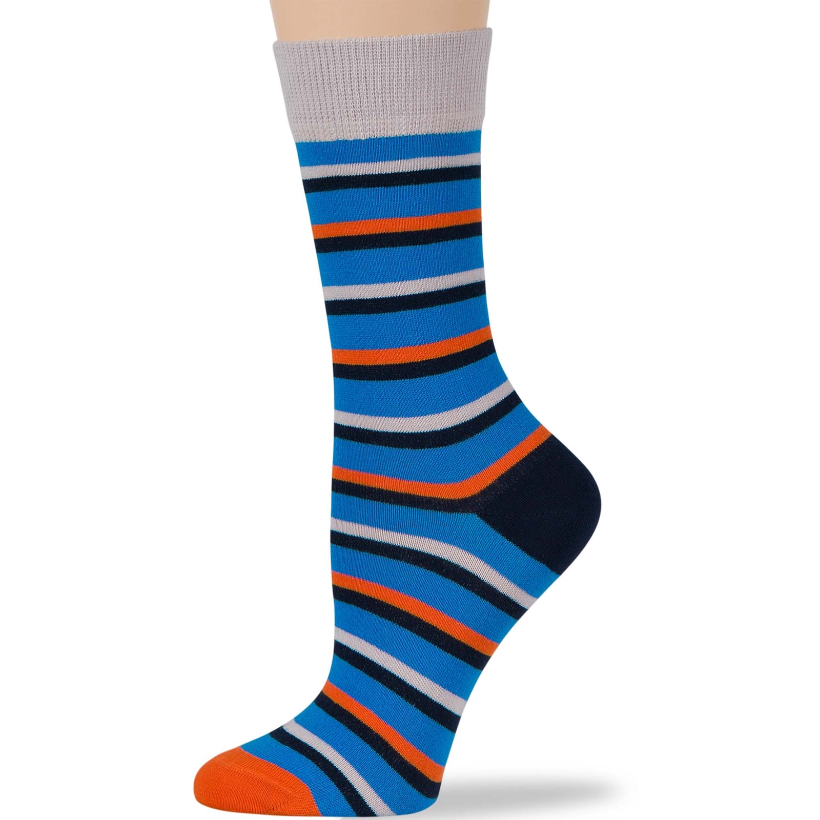 Women Cotton Crew Socks-4 Pack Large-Bubbles Stripe Dot-Blue Navy Orange - Picture 9 of 12