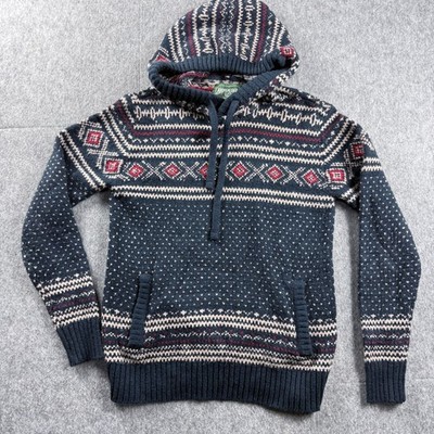 American Eagle Mens Hooded Sweater Size Medium Birdseye Fair Isle Blue Winter