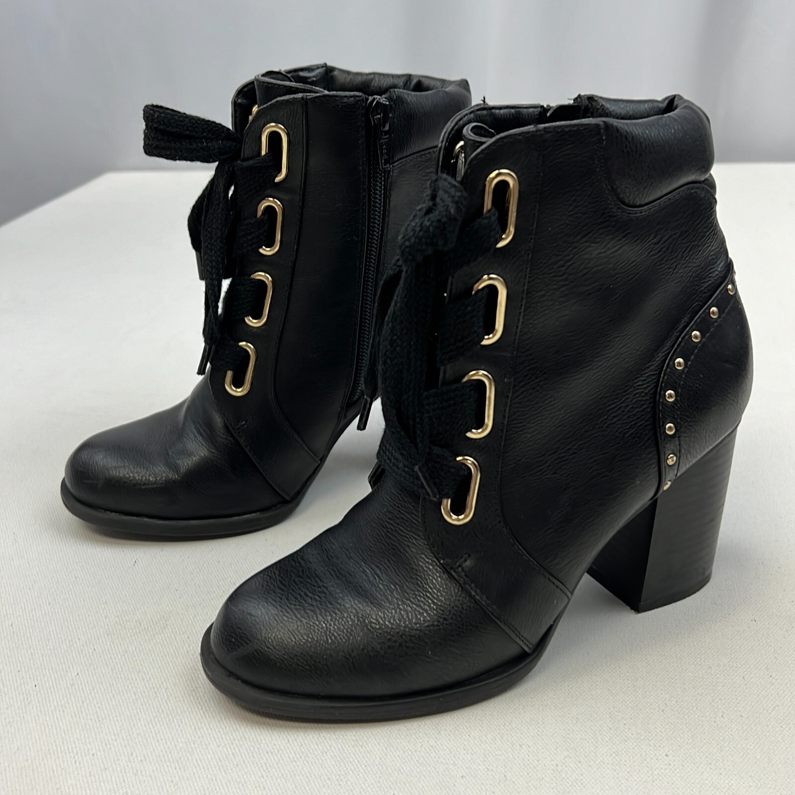 yk Kohls Womens Black Leather Lace-Up Block Heels Ankle Booties Size